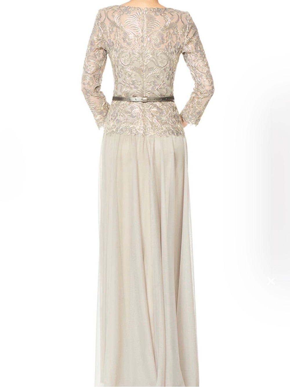Tadashi Shoji Long Dress Women’s 6 Lace 3/4 Sleeves Belted Taupe Gold Modest NWT - Picture 2 of 14